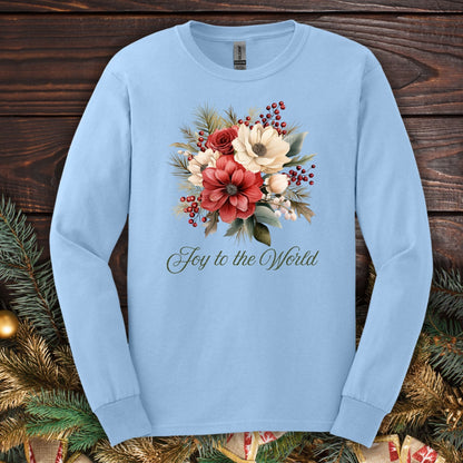 Light blue Gildan long sleeve tee with a watercolor Christmas bouquet and "Joy to the World" text.
