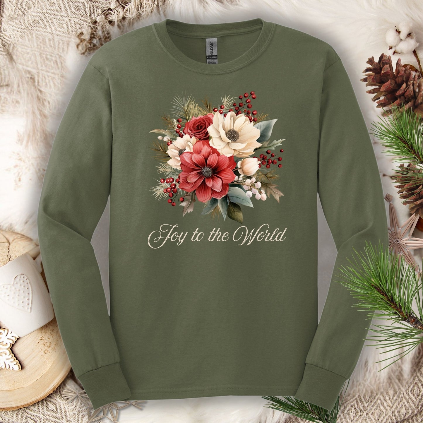 Military Green Gildan long sleeve tee with a watercolor Christmas bouquet and "Joy to the World" text.