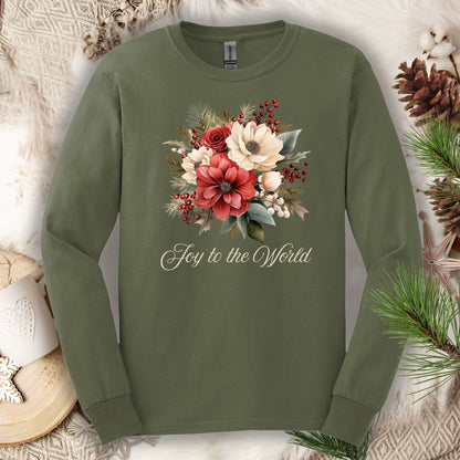 Military Green Gildan long sleeve tee with a watercolor Christmas bouquet and "Joy to the World" text.