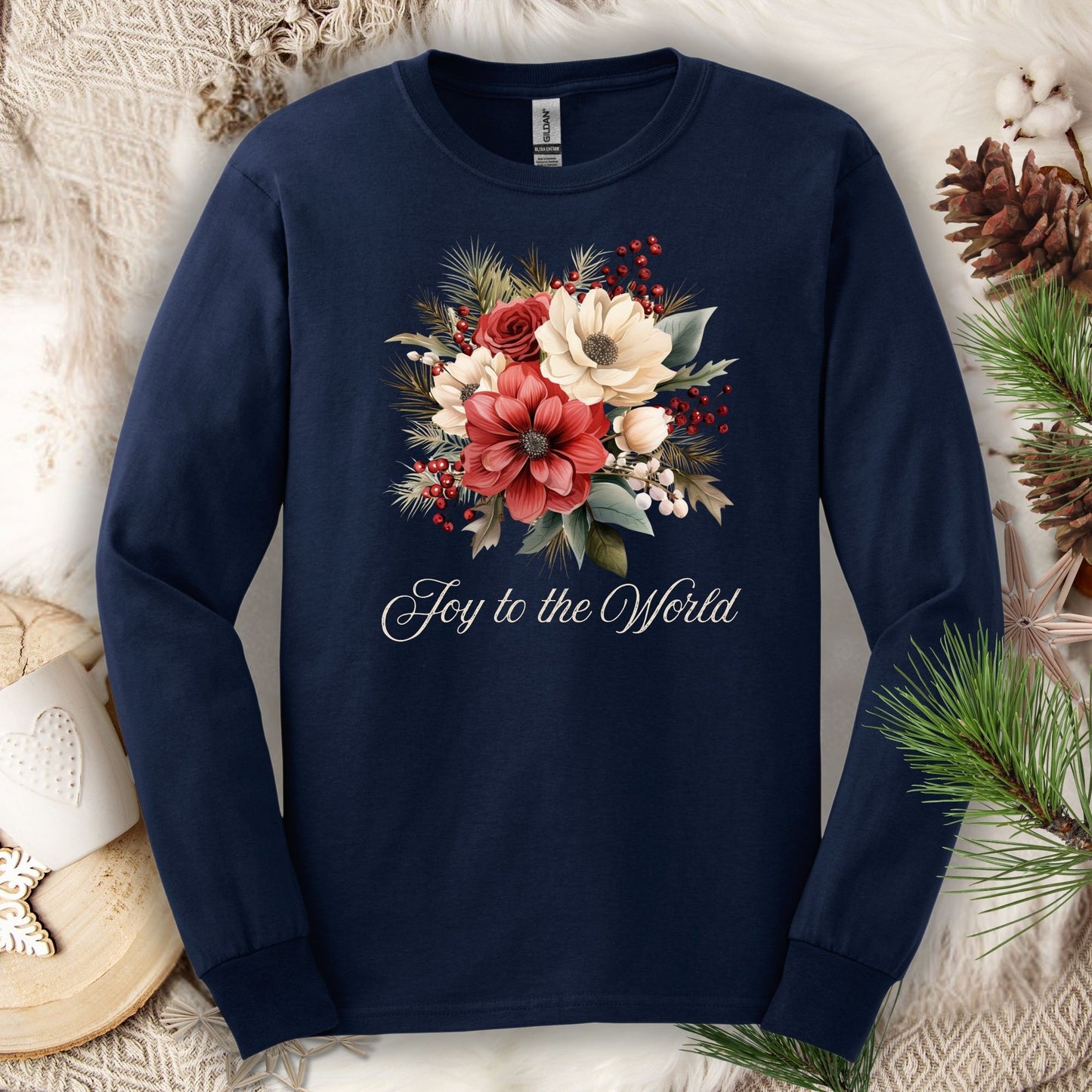 Navy Gildan long sleeve tee with a watercolor Christmas bouquet and "Joy to the World" text.