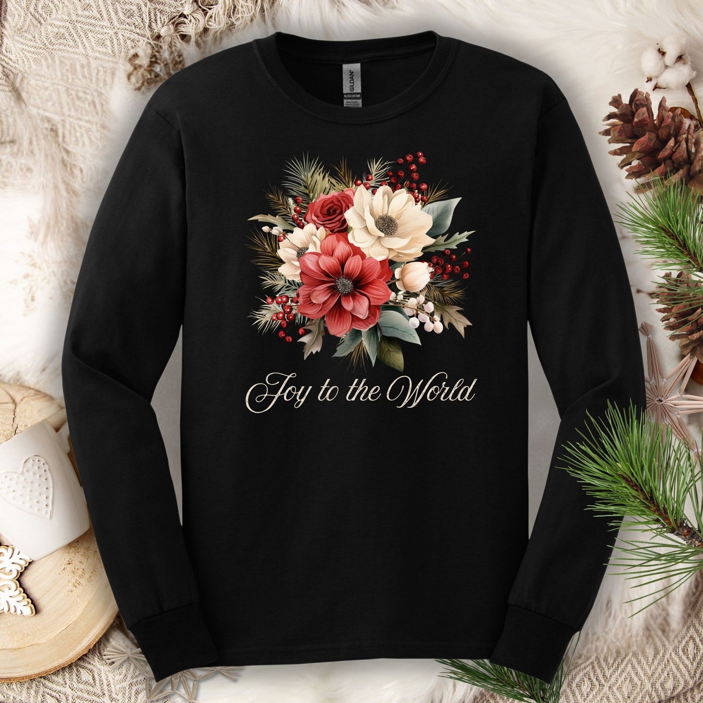 Black Gildan long sleeve tee with a watercolor Christmas bouquet and "Joy to the World" text.