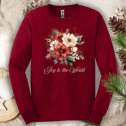 Cardinal Red Gildan long sleeve tee with a watercolor Christmas bouquet and "Joy to the World" text.
