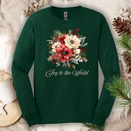 Forest green long sleeve tee with a watercolor Christmas bouquet and "Joy to the World" text.