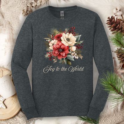 Dark Heather long sleeve tee with a watercolor Christmas bouquet and "Joy to the World" text.