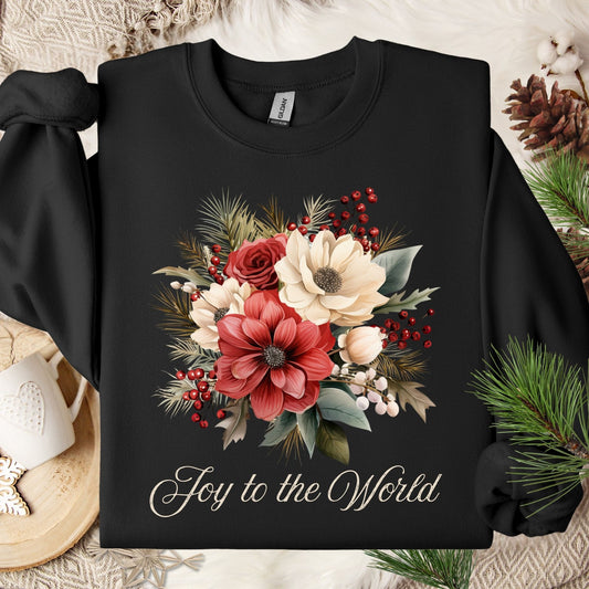 Black Gildan sweatshirt with vintage poinsettia, white rose bouquet, and "Joy to the World" text.