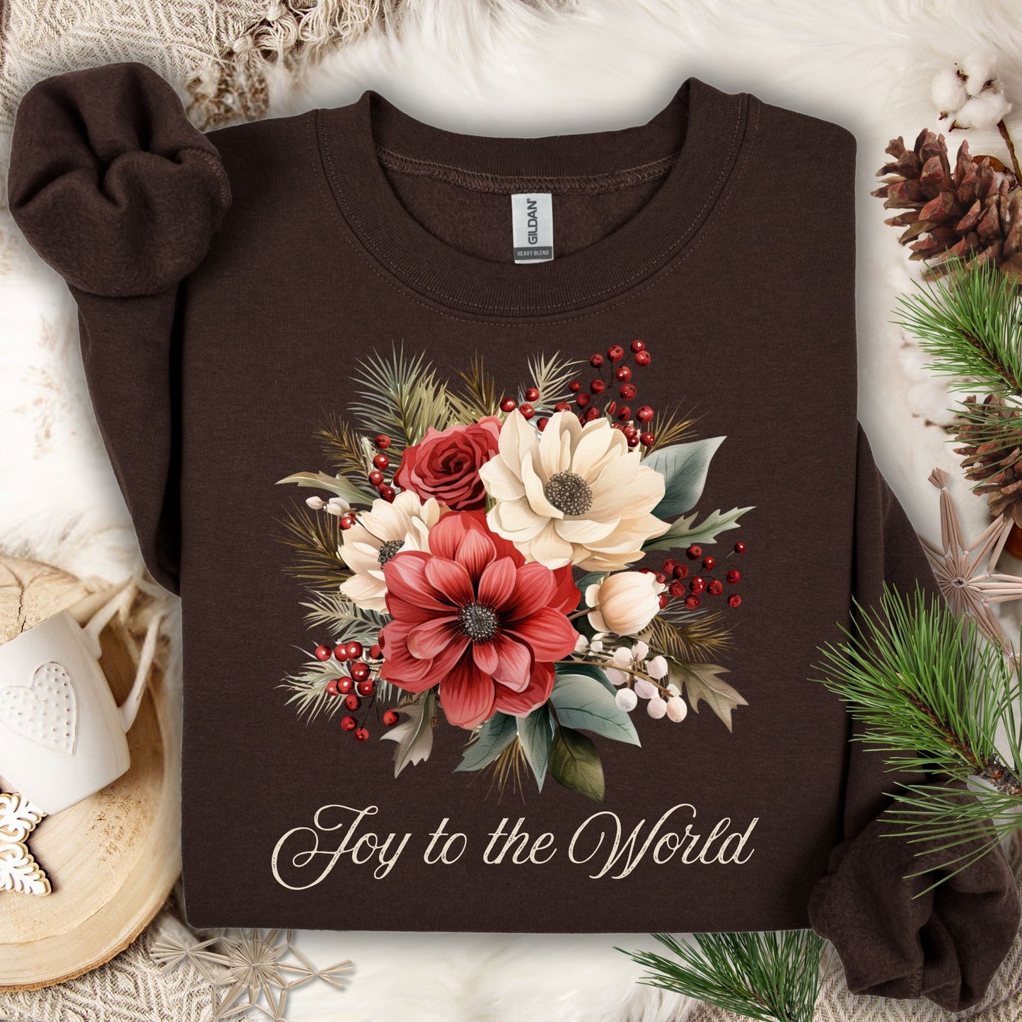 Dark chocolate Gildan sweatshirt with vintage poinsettia and rose bouquet, "Joy to the World" text.