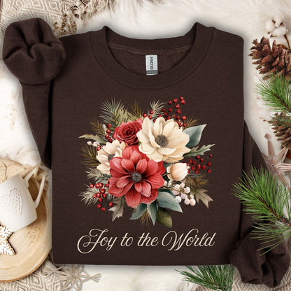 Dark chocolate Gildan sweatshirt with vintage poinsettia and rose bouquet, "Joy to the World" text.