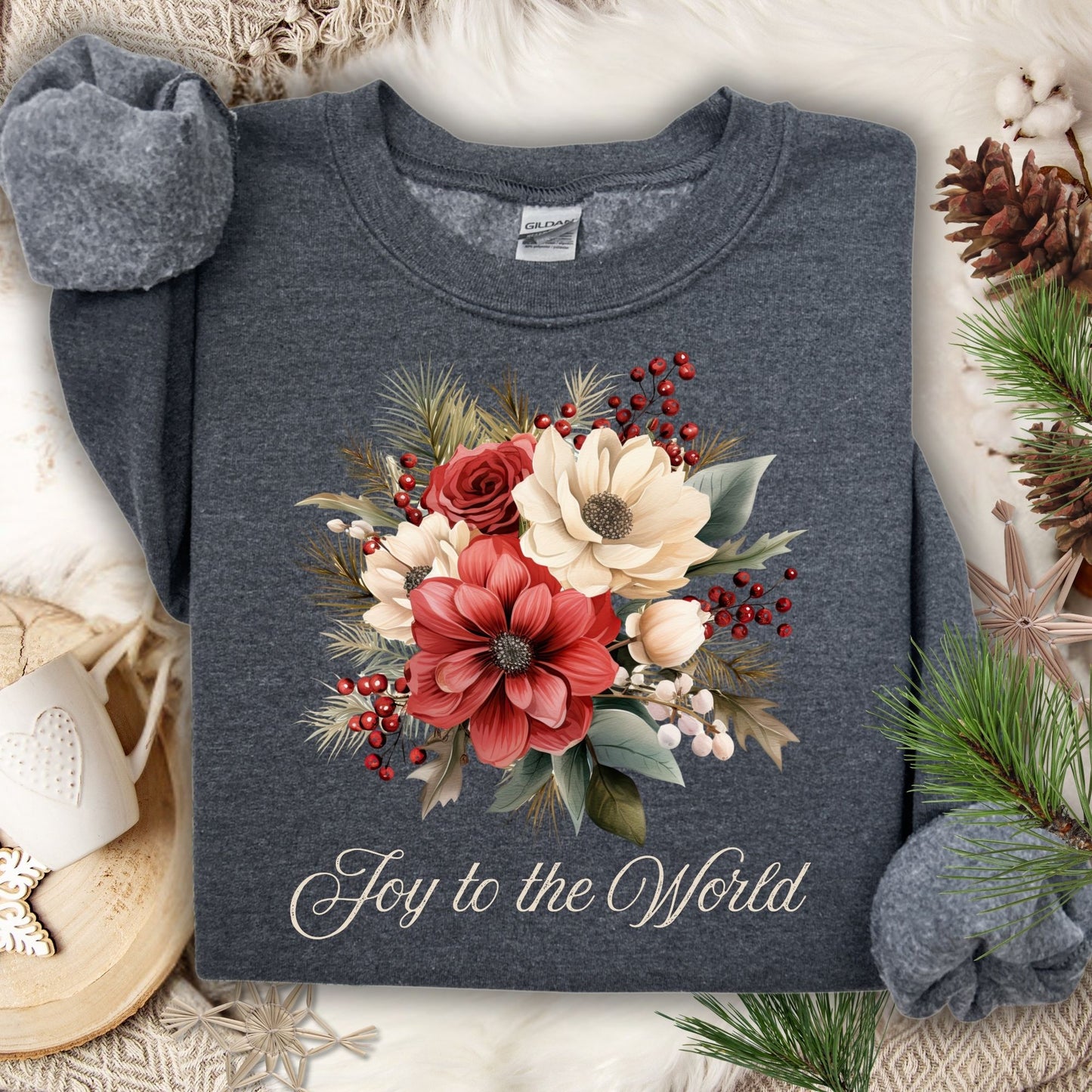 Dark Heather Gildan sweatshirt with vintage poinsettia and rose bouquet, "Joy to the World" text.