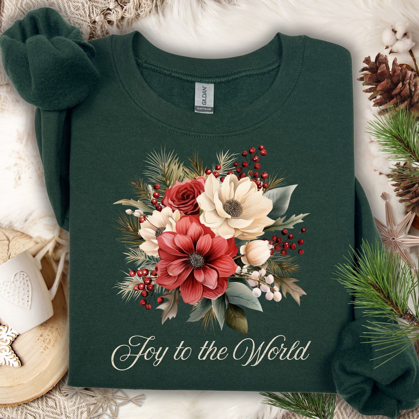 Forest green Gildan sweatshirt with vintage poinsettia, rose, and foliage bouquet, "Joy to the World" text.