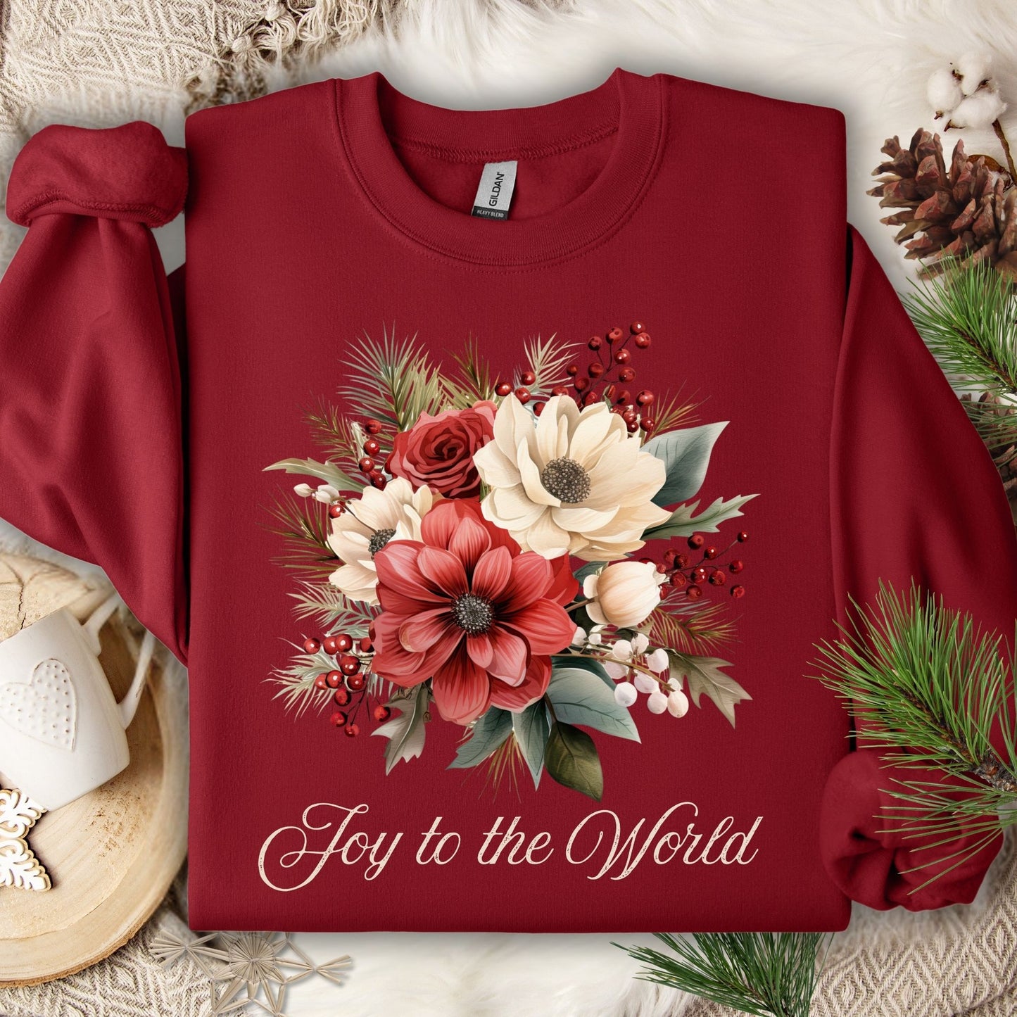 Garnet Gildan sweatshirt with vintage poinsettia, white rose bouquet, and "Joy to the World" text.