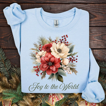 Light blue Gildan sweatshirt with vintage poinsettia, white rose, and "Joy to the World" design.