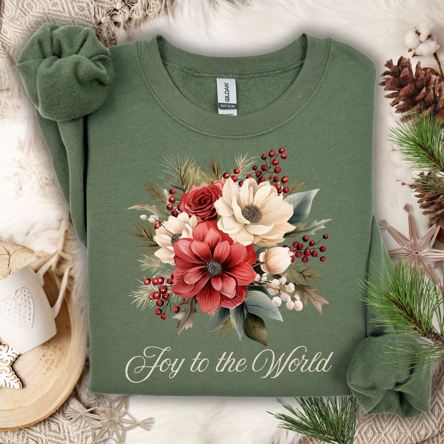 Military Green Gildan sweatshirt with vintage poinsettia, rose, and "Joy to the World" design.