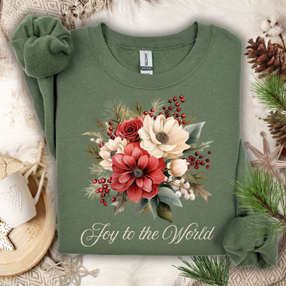 Military Green Gildan sweatshirt with vintage poinsettia, rose, and "Joy to the World" design.