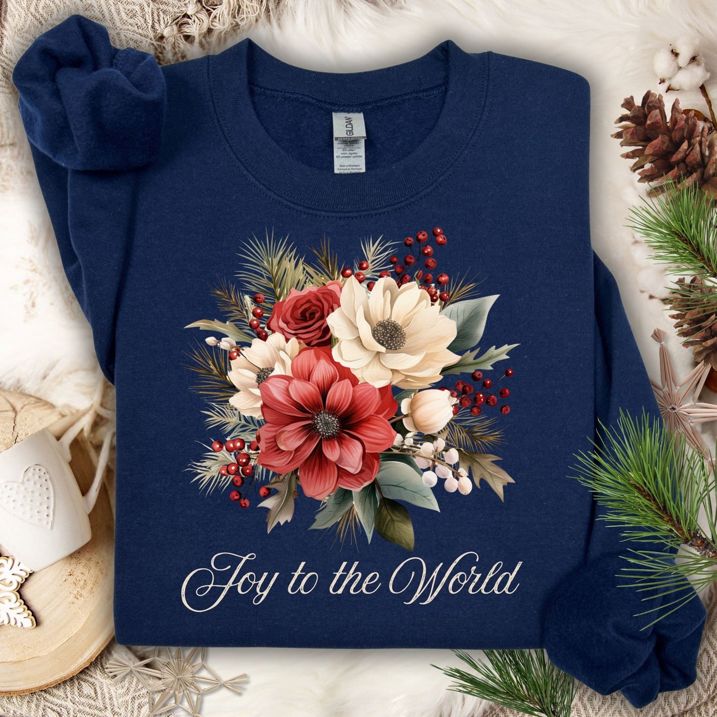 Navy Gildan sweatshirt with vintage poinsettia, white rose, and "Joy to the World" design.