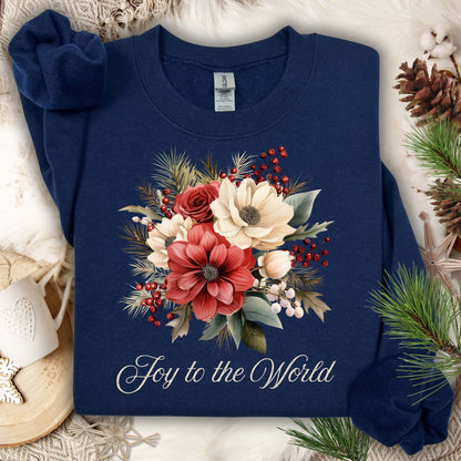 Navy Gildan sweatshirt with vintage poinsettia, white rose, and "Joy to the World" design.
