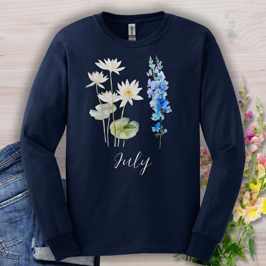 July Birth Month Flower Long Sleeve Tee - Waterlily & Larkspur