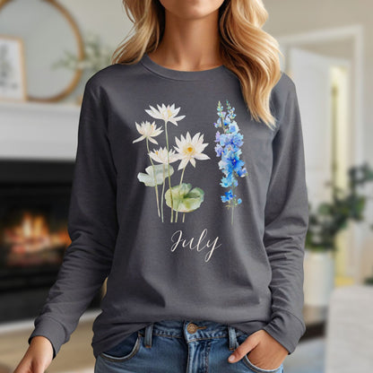 Charcoal long-sleeve tee with watercolor waterlily and larkspur flowers, plus "July" text.