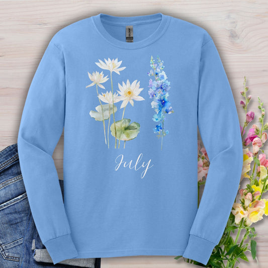 July Birth Month Flower Long Sleeve Tee - Waterlily & Larkspur