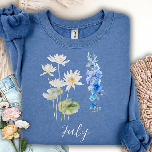 July Birth Month Flower Sweatshirt — Waterlily & Larkspur