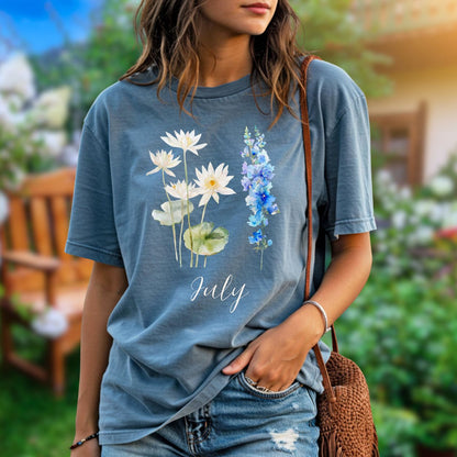 July Birth Month Flower T-Shirt - Water Lily & Larkspur
