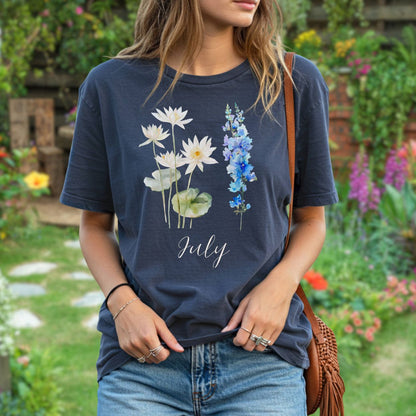 July Birth Month Flower T-Shirt - Water Lily & Larkspur