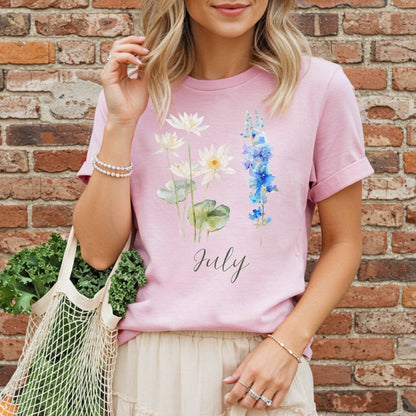 July Birth Month Flower T-Shirt - Water Lily & Larkspur