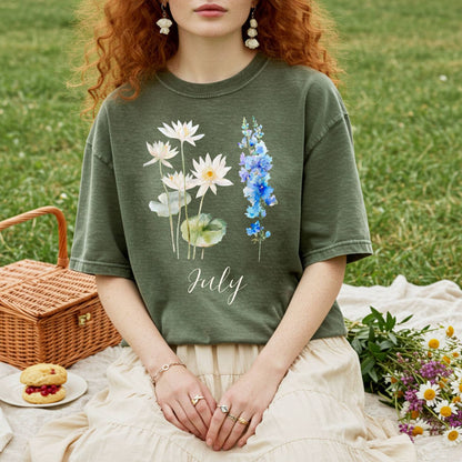 July Birth Month Flower T-Shirt - Water Lily & Larkspur