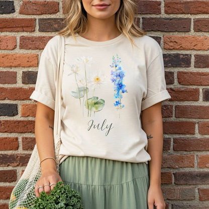 July Birth Month Flower T-Shirt - Water Lily & Larkspur