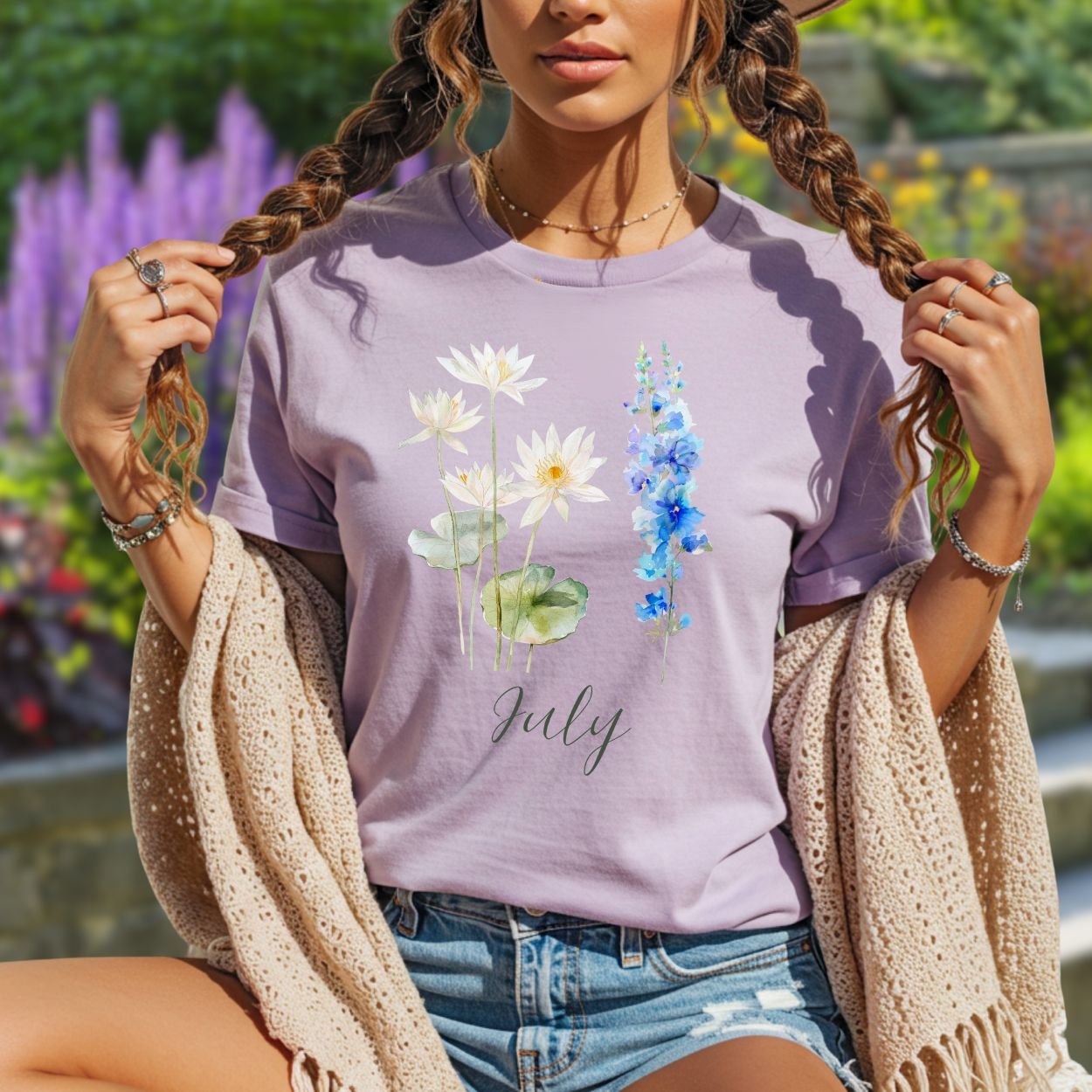 July Birth Month Flower T-Shirt - Water Lily & Larkspur
