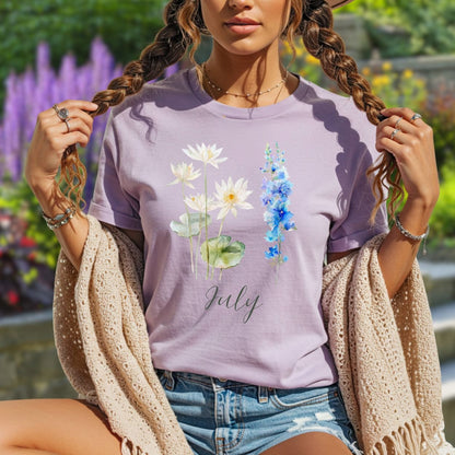 July Birth Month Flower T-Shirt - Water Lily & Larkspur