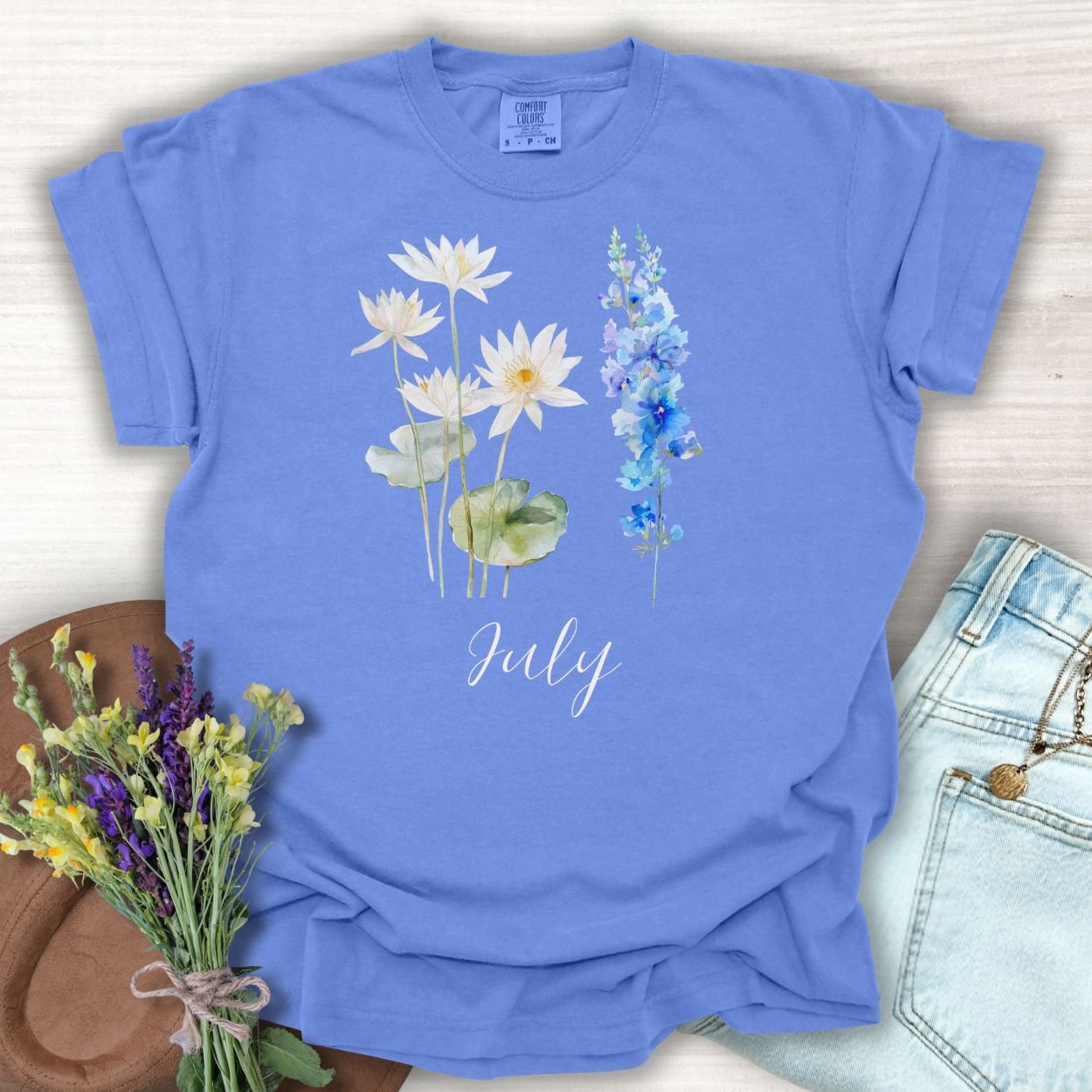 July Birth Month Flower T-Shirt - Water Lily & Larkspur