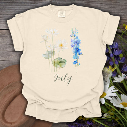 July Birth Month Flower T-Shirt - Water Lily & Larkspur