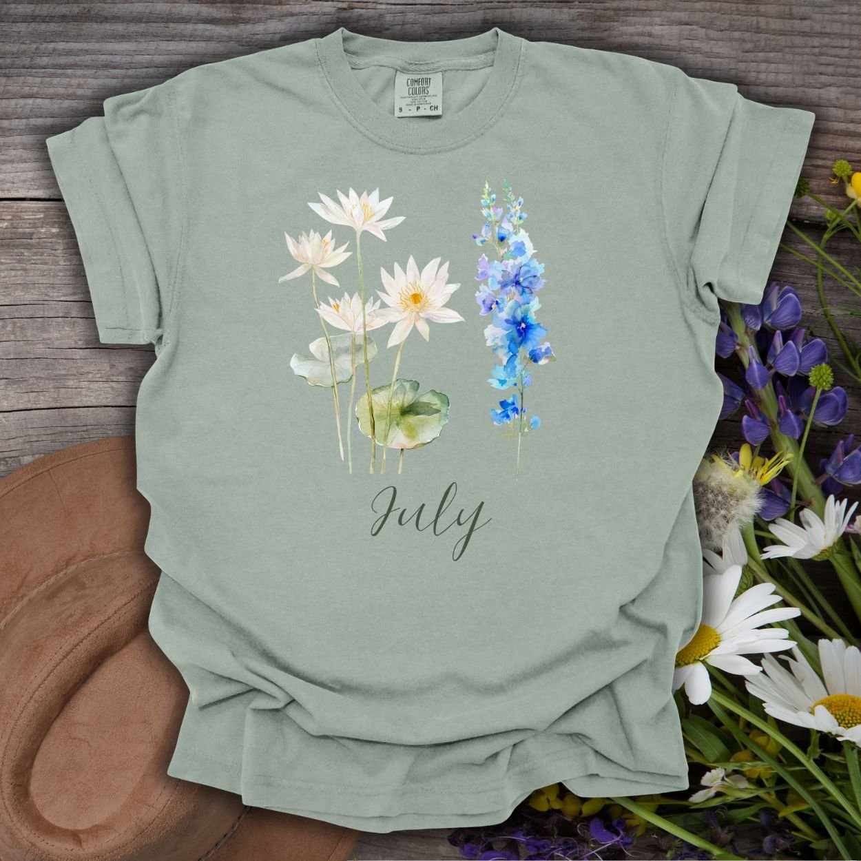 July Birth Month Flower T-Shirt - Water Lily & Larkspur