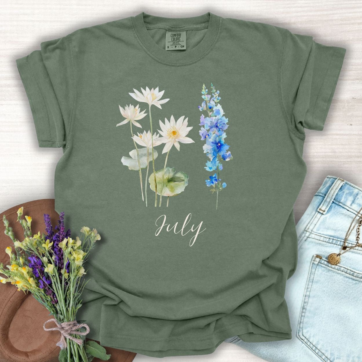 July Birth Month Flower T-Shirt - Water Lily & Larkspur