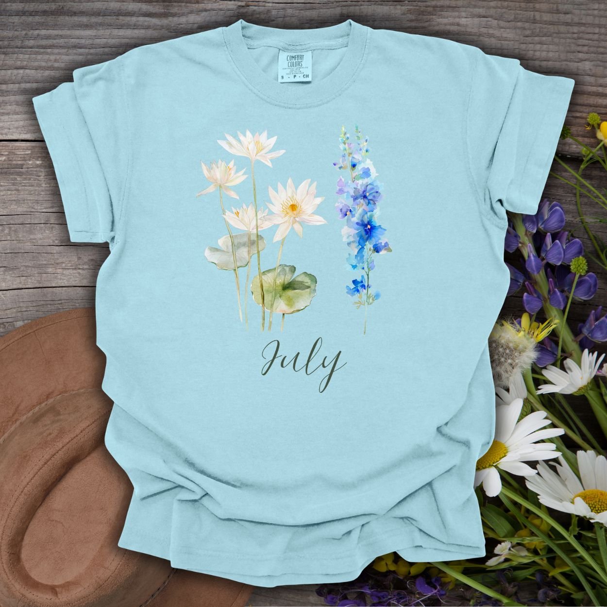 July Birth Month Flower T-Shirt - Water Lily & Larkspur