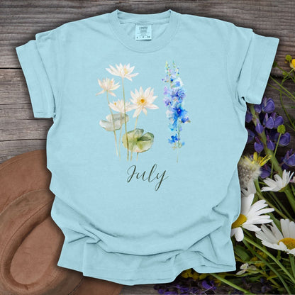 July Birth Month Flower T-Shirt - Water Lily & Larkspur