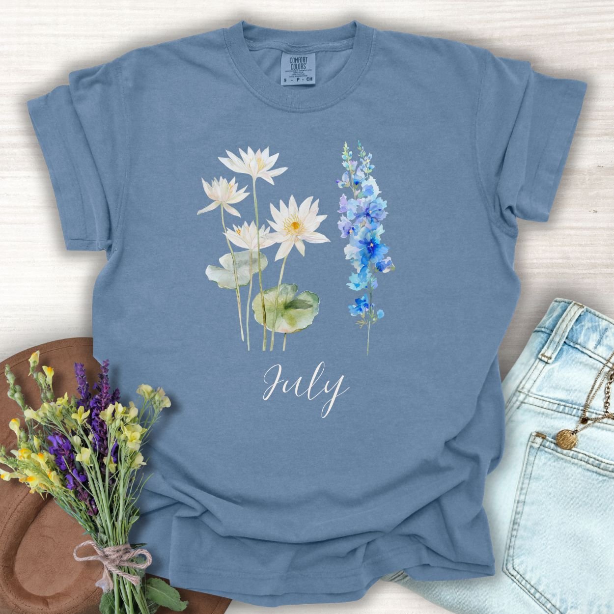 July Birth Month Flower T-Shirt - Water Lily & Larkspur