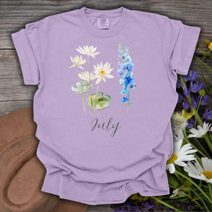 July Birth Month Flower T-Shirt - Water Lily & Larkspur
