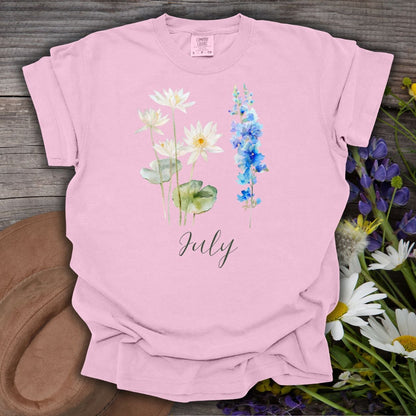 July Birth Month Flower T-Shirt - Water Lily & Larkspur