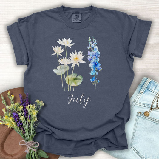 July Birth Month Flower T-Shirt - Water Lily & Larkspur