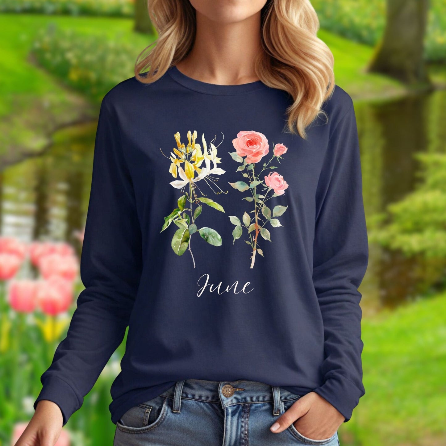 June Birth Month Flower Long Sleeve Tee — Honeysuckle & Rose
