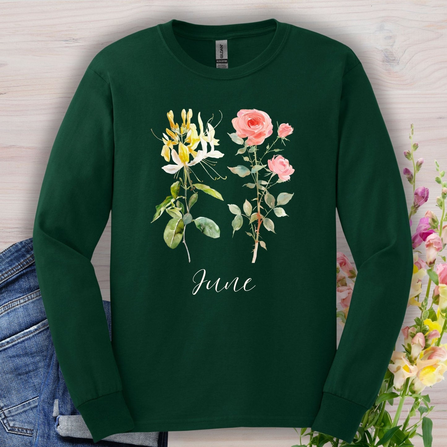 June Birth Month Flower Long Sleeve Tee — Honeysuckle & Rose