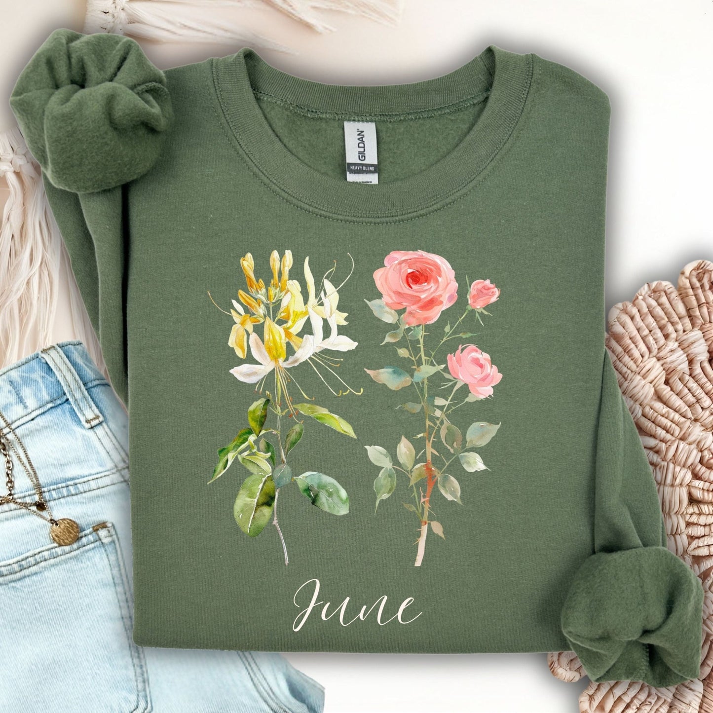 June Birth Month Flower Sweatshirt — Honeysuckle & Rose