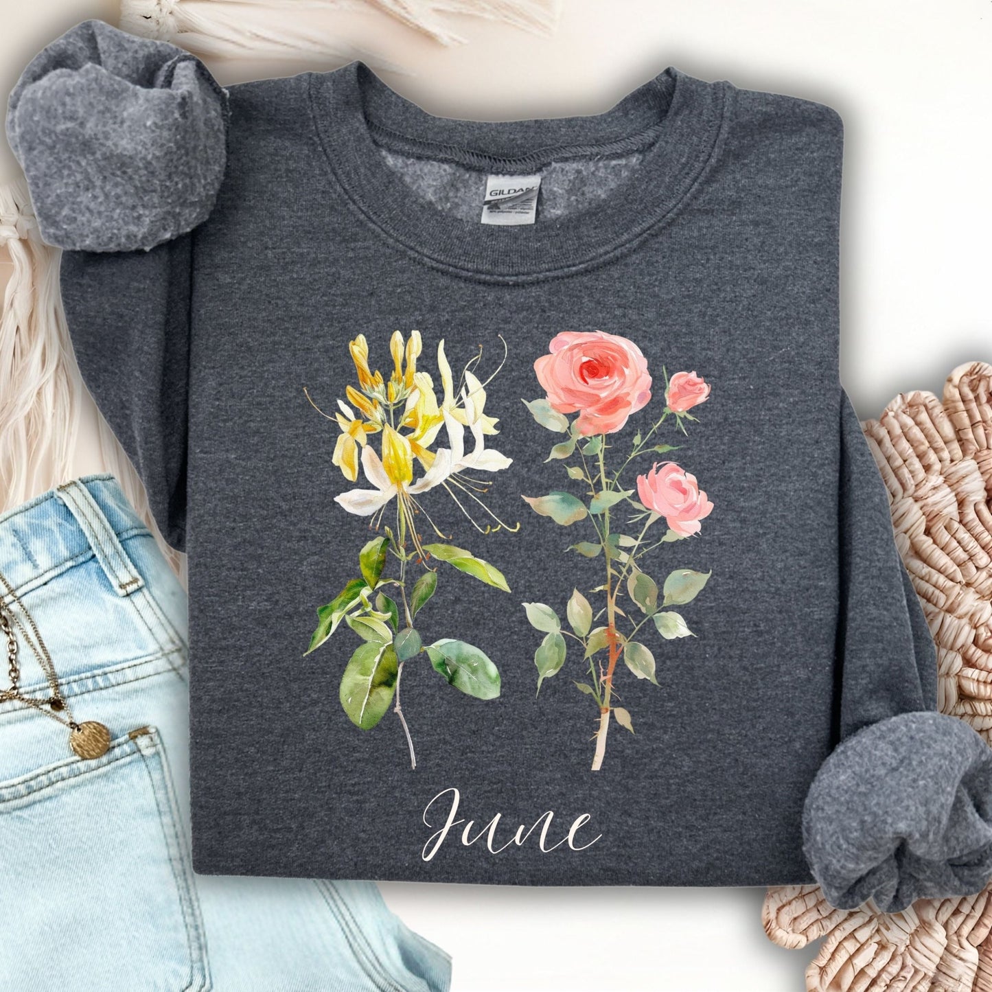 June Birth Month Flower Sweatshirt — Honeysuckle & Rose