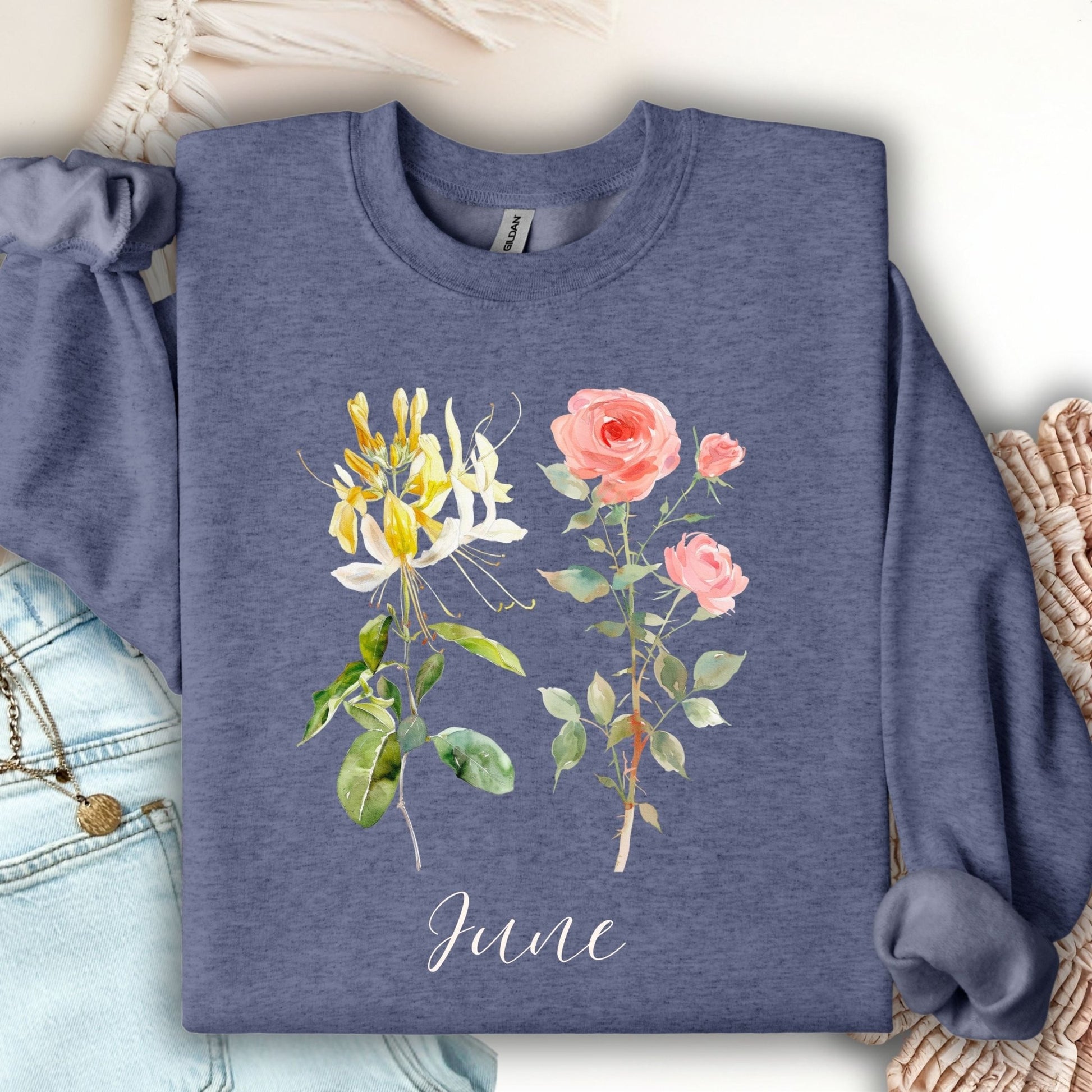 Heather Sport Dark Navy June birth month flower sweatshirt with watercolor honeysuckle and rose design.