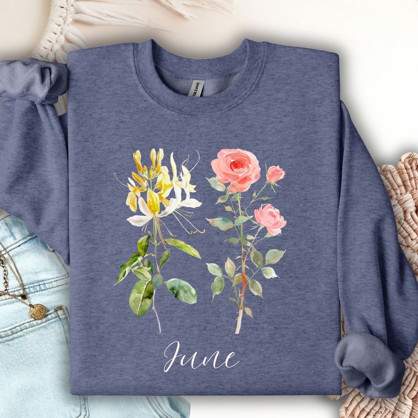 June Birth Month Flower Sweatshirt — Honeysuckle & Rose