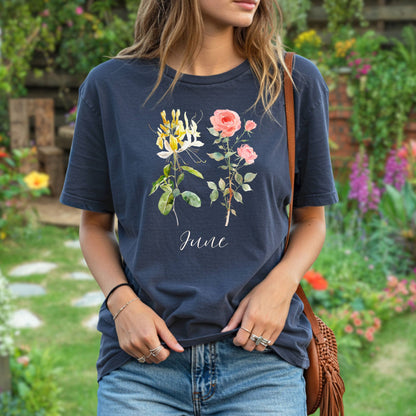Garment-dyed navy cotton t-shirt with watercolor honeysuckle, rose, and "June" design.