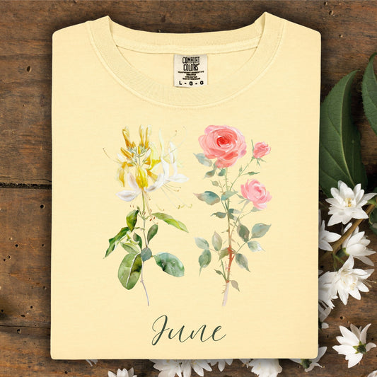 June Birth Month Flower T‑Shirt — Honeysuckle & Rose
