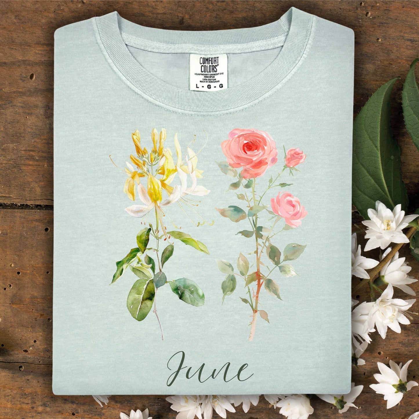 Bay S cotton t-shirt with watercolor honeysuckle, rose, and "June" lettering.