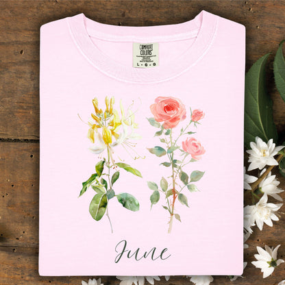 Blossom pink cotton t-shirt with watercolor honeysuckle, rose, and "June" lettering.